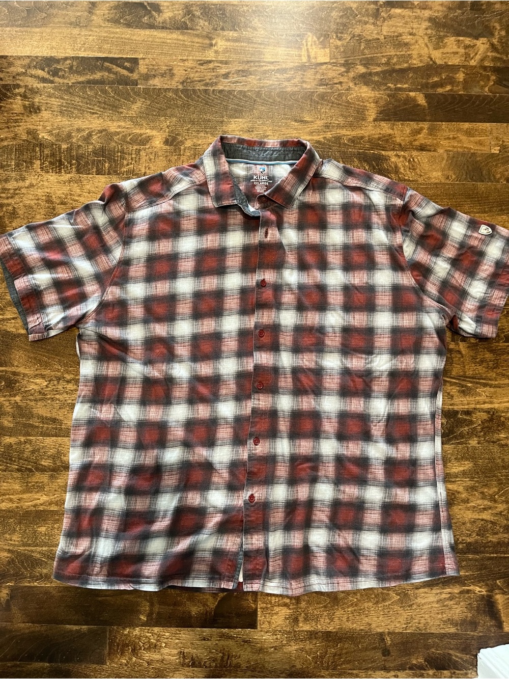 Kuhl Red and White Plaid Short-Sleeve Button-Down cotton stretch